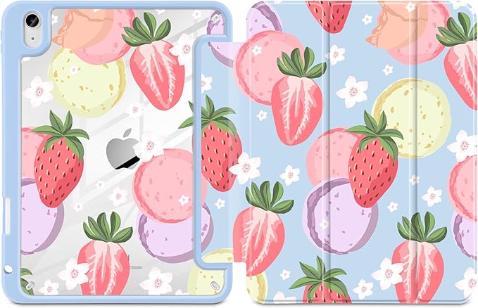 Case for iPad A16 11th Generation 11 inch 2025 iPad 10th Generation 10.9 inch 2022 -[Built-in Pencil Holder] Shockproof Clear Hard Back Trifold Stand Auto Wake/Sleep Strawberry