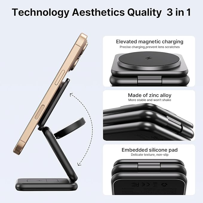 3 in 1 Charging Station for Apple Multiple Devices Zinc Alloy Foldable Travel Wireless Charging pad for Mag-Safe Wireless Charger Stand for iPhone 17 16 15 14 13 12 Apple Watch Airpods