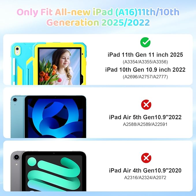 Case for iPad (A16) 2025 11th Gen 10.9'' iPad 10th Generation 2022 10.9'' with Tempered Glass Screen Protector Rugged Kid Case with Shoulder Strap/Pencil Holder/Folding Stand (Blue+Yellow)