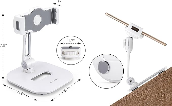 AboveTEK Tablet Stand Holder Stylish Aluminum iPad Stands Foldable 360° Swivel iPad iPhone Table Stand Holder fits 4-11 Tablets/Smartphones for Kitchen Bedside Office POS Showroom Reception (White)