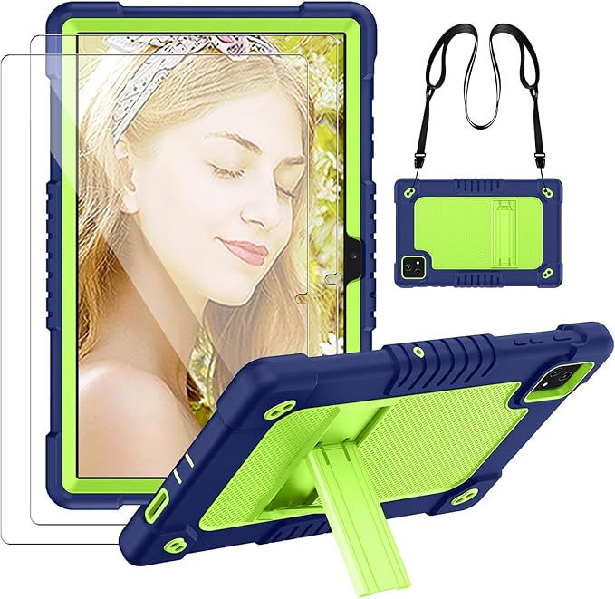 for T-Mobile Revvl Tab 5G 2023 Released Tablet Casewith Tempered Screen Protector Shoulder Strap Stand Kids Friendly Shockproof Case for T-Mobile Revvl Tab 5G 10.36 Inch (Navy/Green2 Pcs)