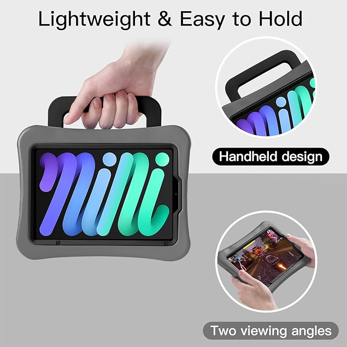 Kids Case for iPad mini 7 (A17 Pro) 2024 /iPad Mini6 2021 Light Weight Heavy Duty/Shockproof/Drop Proof with Handle/Kickstand Child Friendly Cover for iPad mini 7th/6th Gen 8.3inch (Grey)