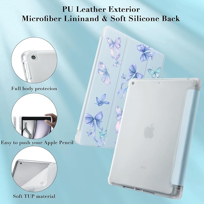 Idocolors Cute Butterfly Bow Pad Case for 10.9 Inch iPad Air 4 2020/iPad Air 5 2022 Clear TPU Smart Stand Back Cover with Pencil Holder Auto Wake/Sleep Foldable Shockproof Protective Case