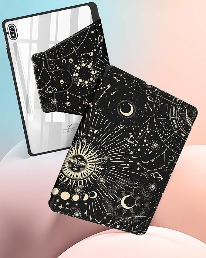 for Samsung Galaxy Tab S10 Fe Case - Tab S9 Fe/S9 Case with Pencil Holder Women Girls Cute Girly Pretty Sun and Moon Unique Aesthetic Design Teens Rotating Tablet Cases Cover
