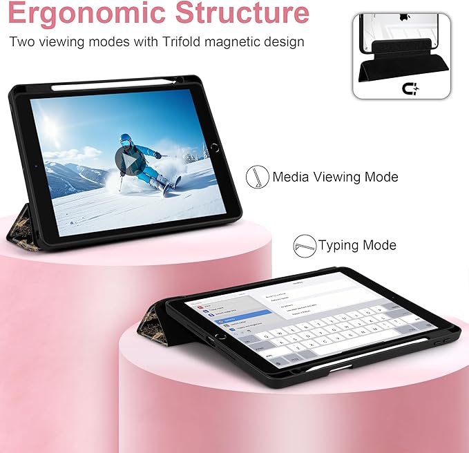 MEEgoodo Case for iPad 10.2 inchTablet Cases for iPad 9th Generation 2021/8th Gen 2020/7th Gen 2019 with Clear Acrylic Back Shell+Pencil Holder+Auto Wake/Sleep+Trifold StandButterflies &amp Dandeli