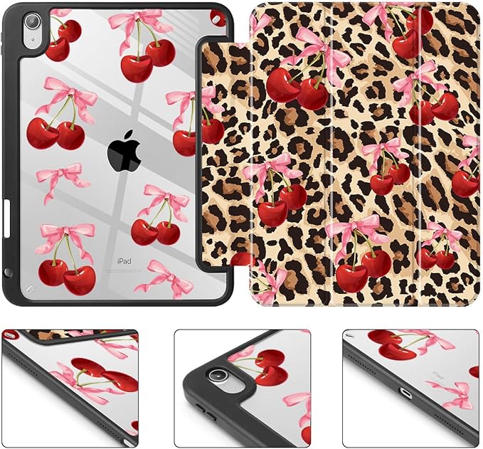 May Chen Case for iPad Air 13 Inch M4 2026 M3 2025 M2 2024 [Built-in Pencil Holder] Shockproof Cover with Clear Transparent Back Shell Auto Sleep/Wake Cover Cherry &amp Cheetah