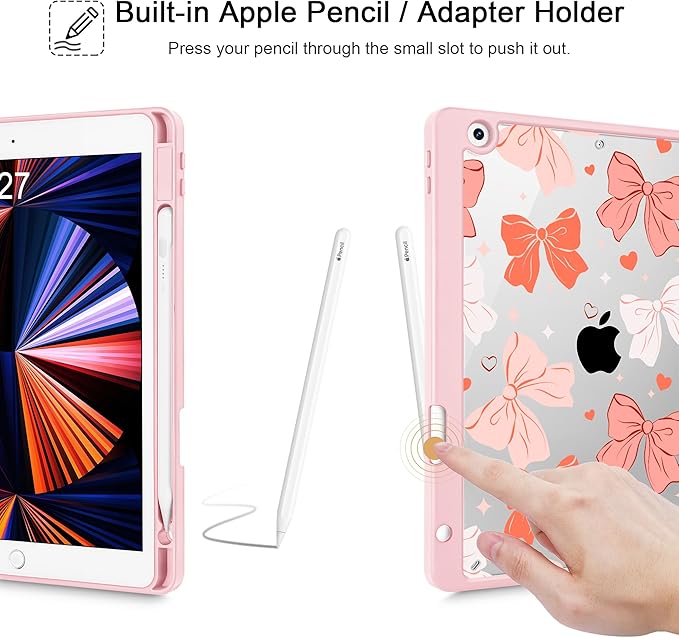 for iPad 9th Generation with Pencil Holder iPad 8th/7th Gen Case 10.2-inch [Built in Pencil Holder] Trifold Stand Auto Wake/Sleep Clear TPU Protection Back Cover Bows SD146