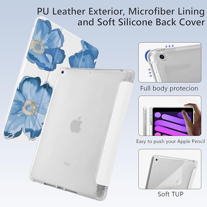 Cute Floral Flower for iPad Pro 12.9 Inch Case 5th/6th Generation 2022/2021/2020 with Pencil Holder Auto Sleep/Wake White Leather Soft TPU Back Cover