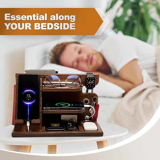 TESLYAR Wood Phone Docking Station for Men - Desktop or Nightstand Organizer - Birthday gifts for Men or Dad - Anniversary Idea from Wife - Key Holders for Wallet Watch &amp Essentials (Chestnut Br
