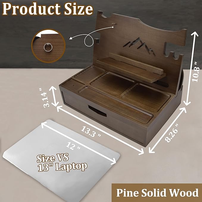Nightstand Organizer for Men with Large Drawer Wood Phone Docking Station for Phone Apple Watch Wallet &amp Keys Ideal Birthday Gift for Father Husband Bedside Desk Organizer (Brown)