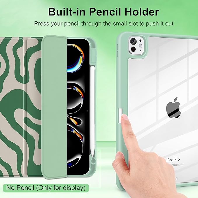 TWOLSKOO Case for iPad Pro 11-inch (M5 2025 / M4 2024) Clear Acrylic Back with TPU Bumper Pencil Holder Trifold Stand Auto Sleep/Wake Green Waves