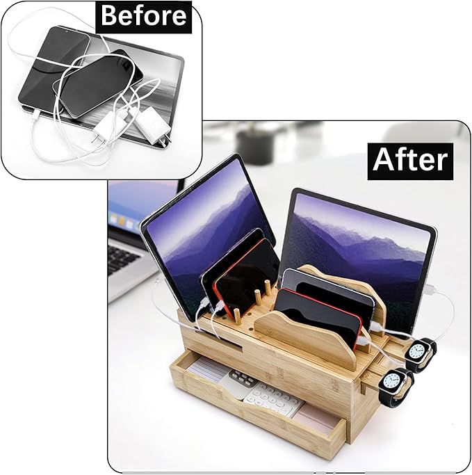 Yopay Family Charging Station with Drawer Bamboo Charging Station for Multiple Devices Cell Phone Docking Stations Organizer for Tablet Laptop Nightstand Bedside Desk Device Charger Organizer