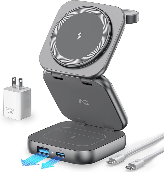 5-in-1 Wireless Charger for MagSafe AC ISLAND Portable Travel Charging Station 35W Max Fast Foldable Magnetic Stand Evolved for iPhone 17-12 &amp Air Series Apple Watch AirPods (with 35W Adapter