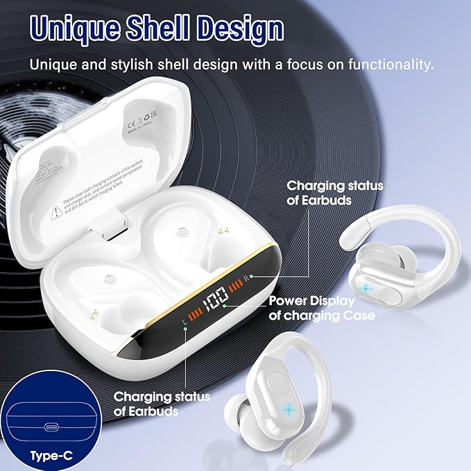 Wireless Earbuds Bluetooth 5.4 Headphones 75H Stereo Deep Bass Sports Over Ear Buds with Earhooks LED Display Bluetooth Earbuds with 4 ENC Mic IP7 Waterproof Earphone for Running White