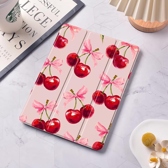 Lovely Cherry Case for iPad mini 7 (A17 Pro) 2024 / iPad mini 6 2021 8.3 Inch with Pencil Holder Cute Bow Girly Pink Leather Clear Back Shell Foldable Protective Cover