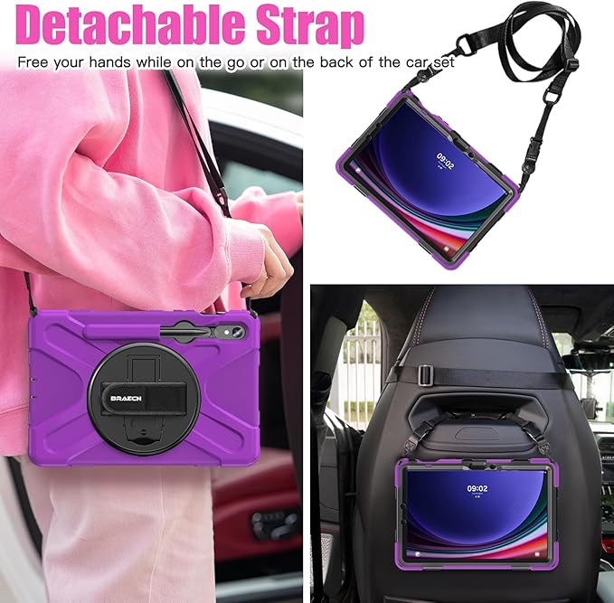 BRAECNstock for Samsung Galaxy Tab S10 Lite/ S10 FE/ S9 FE/ S9/ S8/ S7 5G Case 10.9/11 Shockproof Protective Kids Case with Pencil Holder Rotating Hand Strap &amp Stand Shoulder Strap Purple