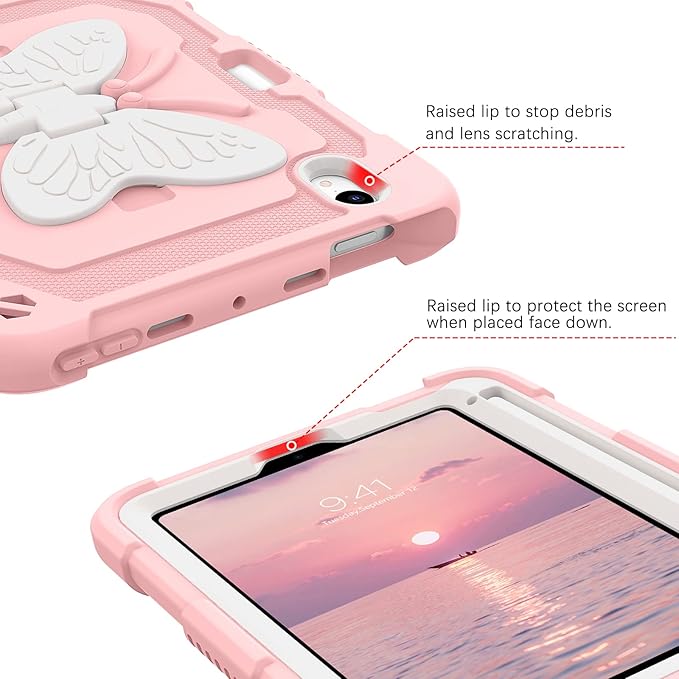 DUEDUE Case for iPad mini 7 (A17 Pro) 2024iPad mini 6 Case 2021 Butterfly Wings Kickstand with Pencil Holder Shockproof Protective Tablet Case for iPad mini 7th/6th Gen Kids Beige/Pink