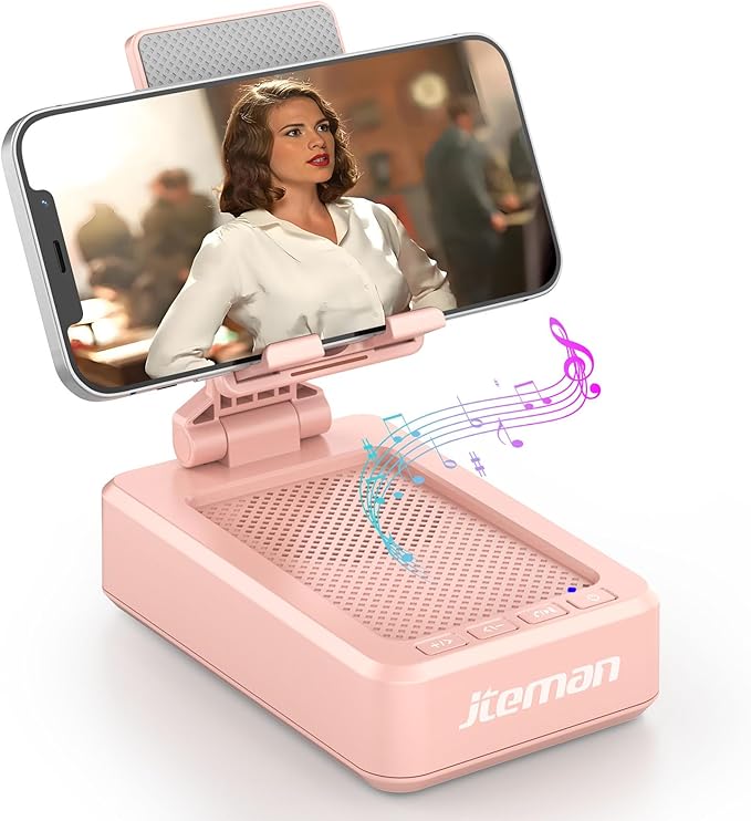 JTEMAN Cell Phone Stand with Bluetooth SpeakerBirthday Gifts for Women and MenKitchen Gadgets for MenCompatible for iPhone/Samsung/Mini iPad - Pink