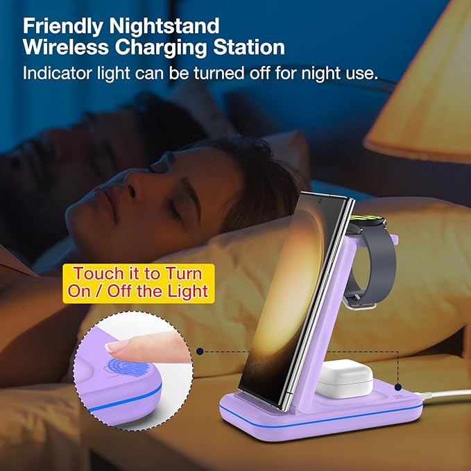 Multi Charger for Samsung Foldable Charger ONLY for Galaxy Watch Ultra/7/6/5/4/3/Active 2 Travel 3 in 1 Fast Charging Station/Dock for Samsung S24/S23/S22/S21/S20/Note 20 for Buds 3/2 Pro(Violet)