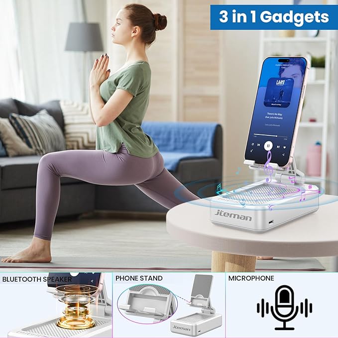 JTEMAN Portable Phone Stand with Speaker Bluetooth WirelessGifts for Men WomenBirthday for WomenKitchen Gadgets for MenPhone Holder for Desk - White