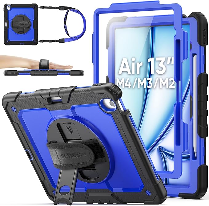 SEYMAC stock Case for iPad Air 13-inch M4-M2 2026-2024 (Gen 8-6) Shockproof Heavy Duty Case with Screen Protector Pencil Holder Rotating Stand Hand Strap Shoulder Strap Blue