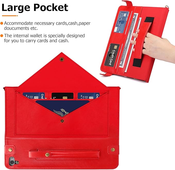 Dteck Case for iPad 6th/5th Generation 9.7 Inch 2018/2017/iPad Air 2/1Premium PU Leather Business Folio Stand Smart Auto Wake/Sleep Cover Shoulder/Hand Strap Pencil Holder Wallet CaseRed