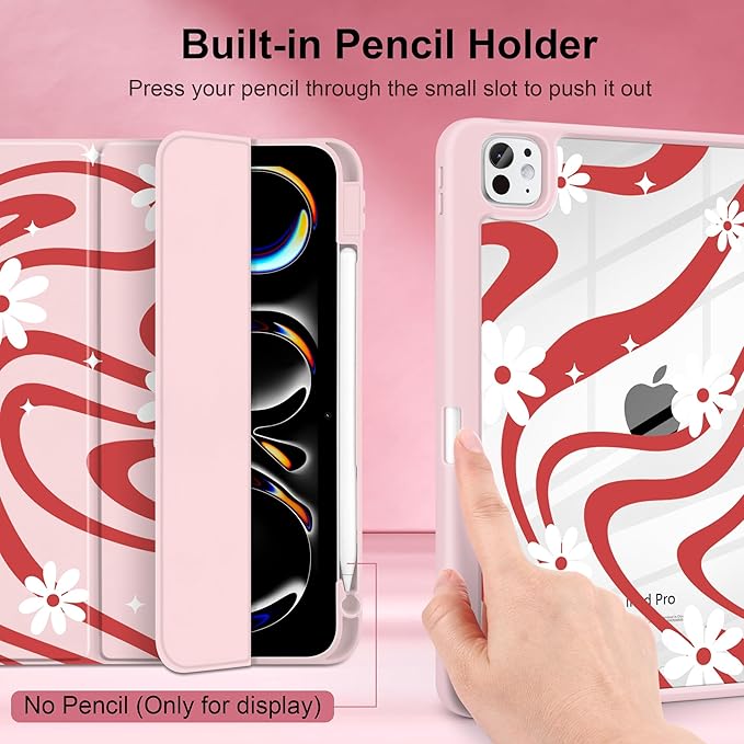 DONGKE for iPad Pro 11-Inch Case (M5 2025 / M4 2024) 6th/5th Generation [Auto Sleep/Wake &amp Pencil Pro Holder] Clear Acrylic Back Smart Trifold Stand Cover Swirl &amp Daisy