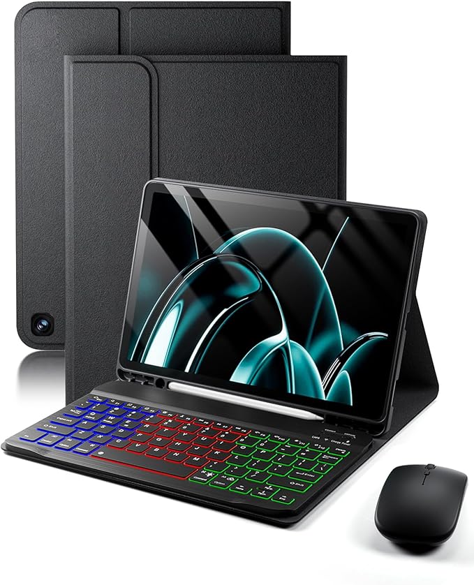 for Amazon Fire HD 10/10 Plus Case with Keyboard (11th/13th Generation 10.1 inch) - Rainbow Backlit Keyboard Case - Built in Pencil Holder with Mouse - Black