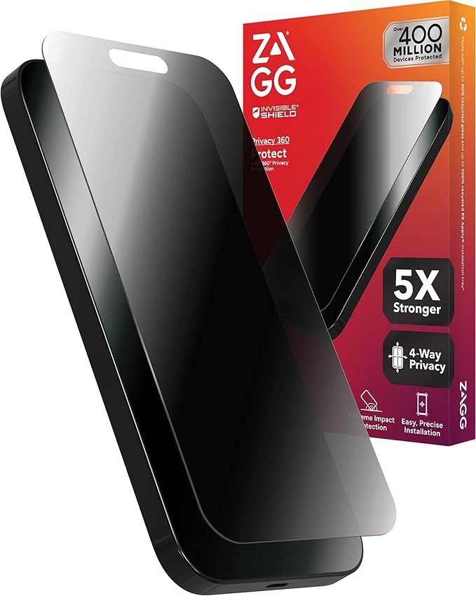 ZAGG InvisibleShield Glass Elite Privacy 360 iPhone 15 Pro Max Screen Protector - 5X Stronger with Reinforced Edges 4-Way Privacy Filter Scratch &amp Smudge-Resistant Surface Easy to Install