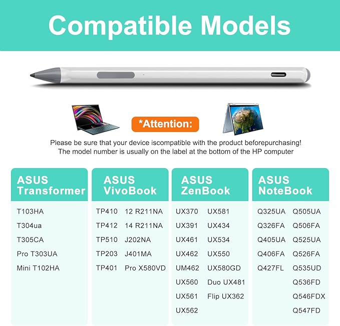 Stylus for ASUS Zenbook Flip/Pro/ASUS Vivobook Flip/Pro/Duo/Notebook MPP 2.0 Tilt-Active Pen with 4096 Levels of Pressure Sensitivity Convenient Storage Case Supports Type-C Fast Charging (Silver)