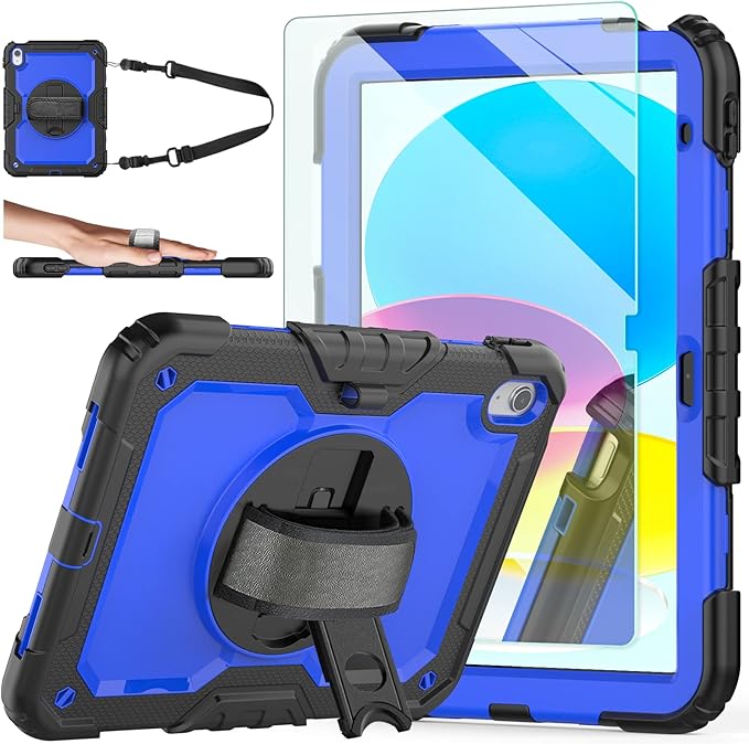 Ambison Case for iPad (A16) 11th/10th Generation 11''/10.9'' 2025/2022 [Kid Proof] Full Body Protective Case with 9H Tempered Glass Screen Protector 360° Rotatable Kickstand &amp Hand Strap (Blue)