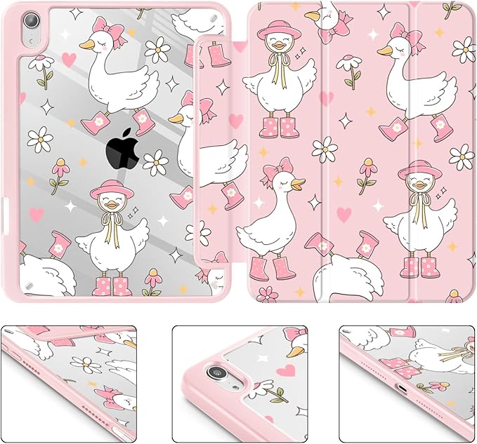 May Chen Slim Case for iPad mini 7 (A17 Pro 7th Generation) 2024 / iPad mini 6 (6th Gen) 8.3 Inch [Built-in Pencil Holder] Shockproof Cover Clear Clear Back Shell Auto Wake/Sleep Cute Goose Spring