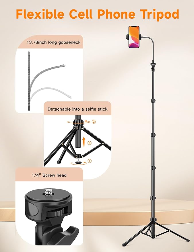 Phone Tripod Stand 84 Tall Flexible Cellphone Tripod for iPhone with Gooseneck Remote Portable Phone Stand for Recording Compatible with iPhone 14 13 12 pro Android Camera