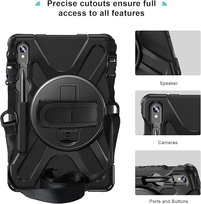 ProCase Rugged Case for Galaxy Tab S10 Lite 2025/S10 FE/S9 FE/S9/S8/S7 11 - with S Pen Holder Heavy Duty Shockproof Cover with Hand Strap 360 Degree Rotatable Kickstand Protective -Black