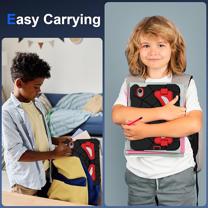 Kids Case for iPad mini 7 A17 Pro 2024/ Mini 6 8.3 inch Spider Case for iPad mini 7th 6th Generation Shockproof Durable Full Protective Cover with Pencil Holder Kickstand (Black+Red)