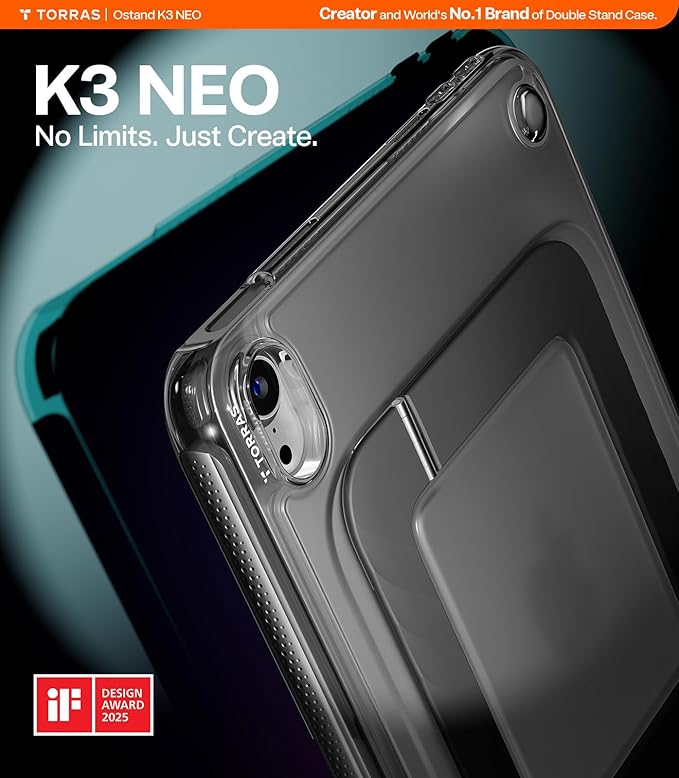 TORRAS Ostand K3 Neo for iPad mini 7 A17 Pro Case iPad mini 6 case Viewing Angles Adjustable Ultra Stable Stand Shockproof Protective Slim Kickstand Case with Pencil Holder Obsidian Black