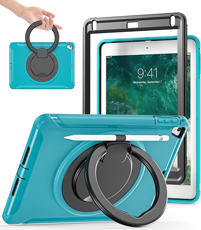 BATYUE Case for iPad 6th Generation 9.7 inch 2018 iPad 5th Gen 2017 iPad Air 2/ iPad Pro 9.7''Shockproof Protective Cover with Pencil Holder &ampRotating Kickstand for KidsBoysGirls Light Blue