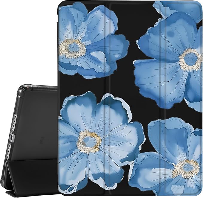 JOYLAND for iPad Air 5th/4th Generation 10.9 Inch 2022/2020 with Pencil Holder-Auto Wake/SleepBlue Floral Pattern Anti-Scratch Shockproof Premium Folio Stand CaseBlack
