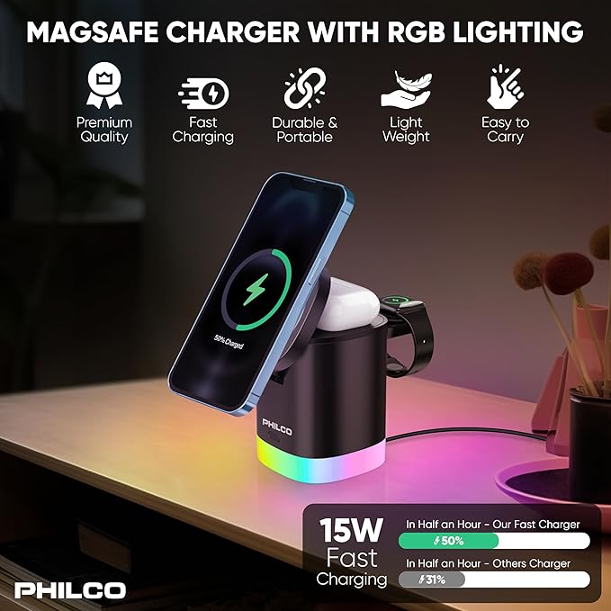 Philco 3-in-1 Magnetic Wireless Charging Station15W Fast Charging for Magsafe iPhone 11/12/13/14/15/16 Apple Watch &amp AirPods Compact and Foldable Design with USB-C Port RGB Color Changing Ligh