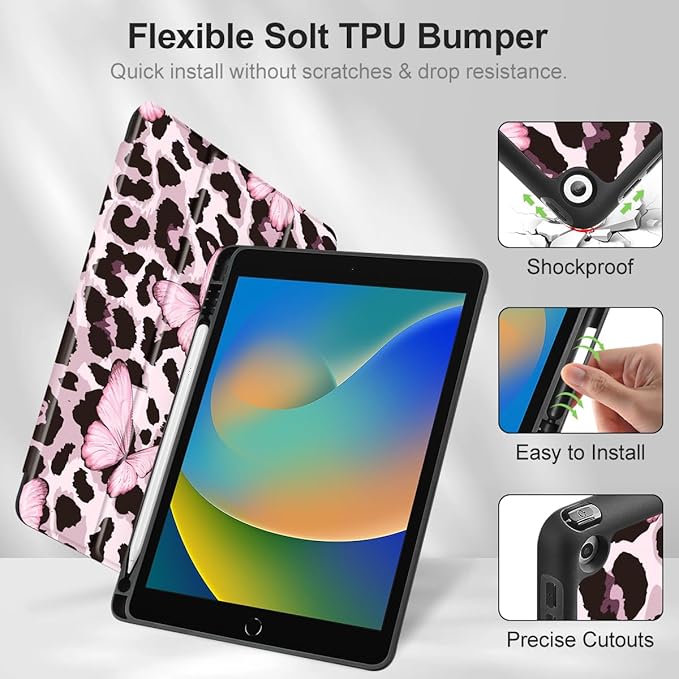 Mektron Designed Printed iPad 10.2 Case 9th Gen (2021)/ 8th Gen (2020)/ 7th Gen (2019) with Pencil Holder Slim Protective Case with Soft TPU Back for iPad 10.2 Inch Leopard Pink Butterfly