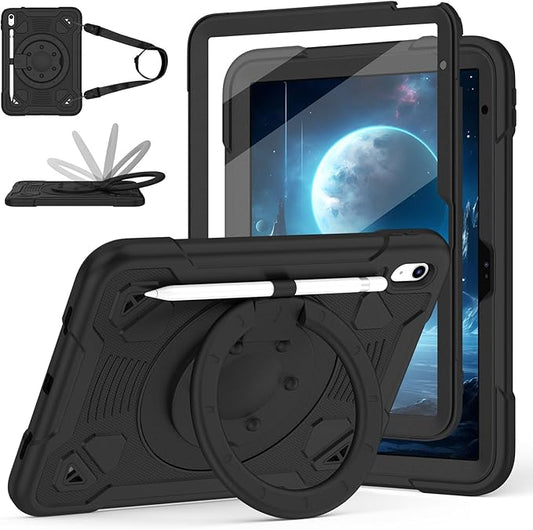 Case for iPad (A16) 11th Generation 11 Inch 2025/iPad 10th Generation 10.9 Inch 2022 with Built-in Screen Protector 360°Rotating StandShoulder Strap Full Body Heavy Duty Protective Cover (Black)