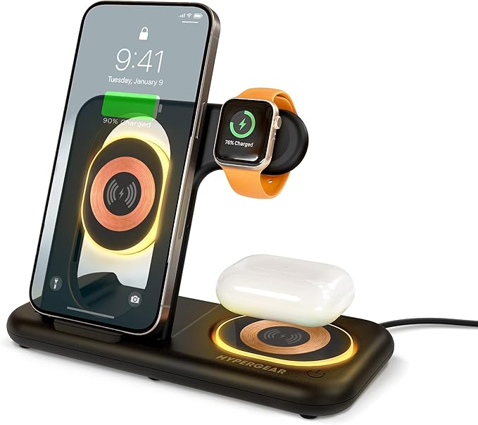 HyperGear 4-in-1 Foldable Wireless Charger iPhone Charging Stations for Multiple Devices Portable 15W Magnetic iPhone Charger Stand Dock with Extra 5W USB Port Apple Watch and AirPods Compatible