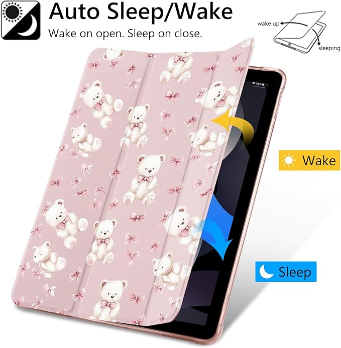 JOYLAND Cute Kawaii Cartoon Bear Bow Case for iPad Air 11 Inch M3(2025) / M2(2024) iPad Air 5th(2022) / 4th (2020) Gen 10.9 Inch Pencil Holder &amp Clear Transparent Back &amp Trifold Smart Pink C