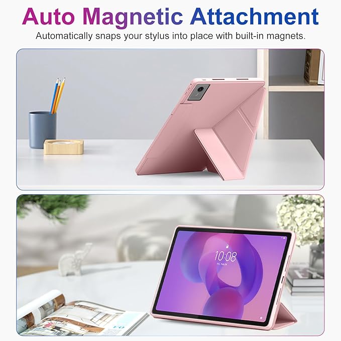 Case for Lenovo Idea Tab Plus 12.1 Inch – Multi-Angle Stand PU Leather Soft Cover with Hidden Pencil HolderSlim Lightweight Back Protective Folio Case ShockproofAnti-Scratch[Pink]