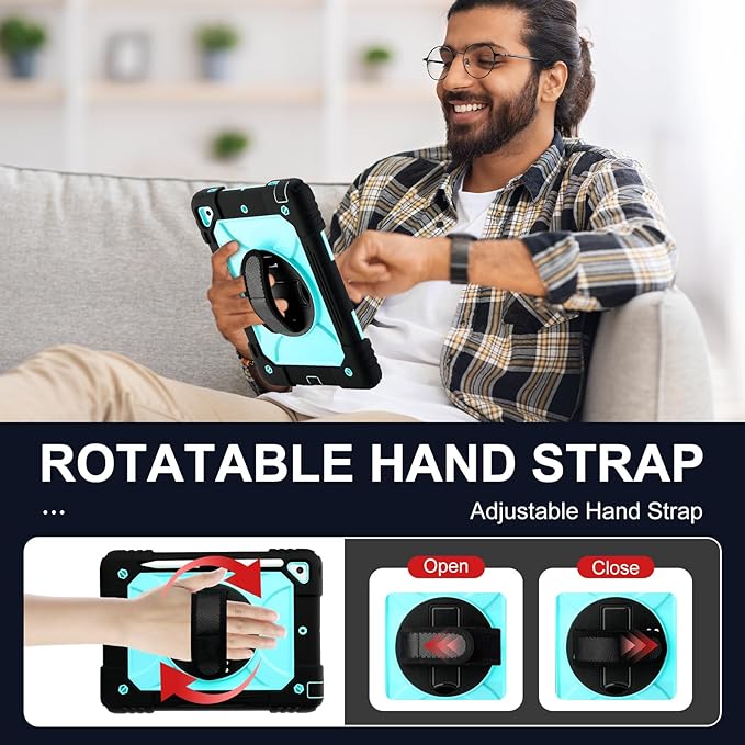 for iPad 6th Generation/iPad 5th Gen/iPad Air 2/iPad Pro 9.7 Case with Cute Key Chain Rugged Protective Case with Rotating Stand &amp Shoulder Hand Strap for iPad 6th/5th/ Air 2 (Black+Aqua)