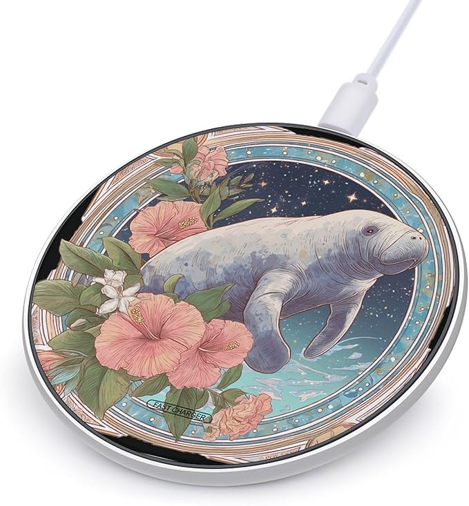 Manatees Hibiscus Flower Phone Charger Magnetic Charging Pad Anti-Slip with USB Cable
