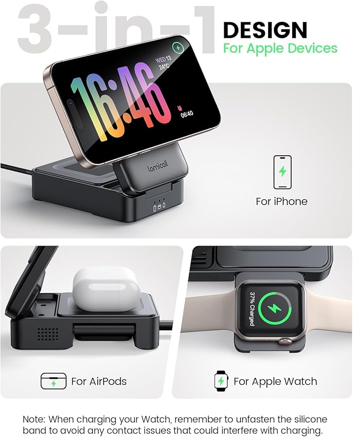 Lamicall Foldable 3 in 1 Wireless Charging Station for Apple MagSafe - [Upgraded Cooling &amp Reliability] Compact Travel Magnetic Charger Stand for iPhone 17 16 15 14 13 Pro Max AirPods Apple Watc