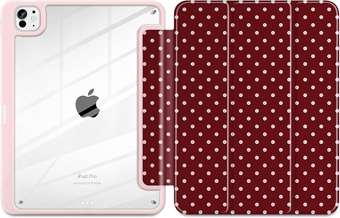 TWOLSKOO Case for iPad Pro 11-inch (M5 2025 / M4 2024) Clear Acrylic Back with TPU Bumper Pencil Holder Trifold Stand Auto Sleep/Wake Red Polka Dot
