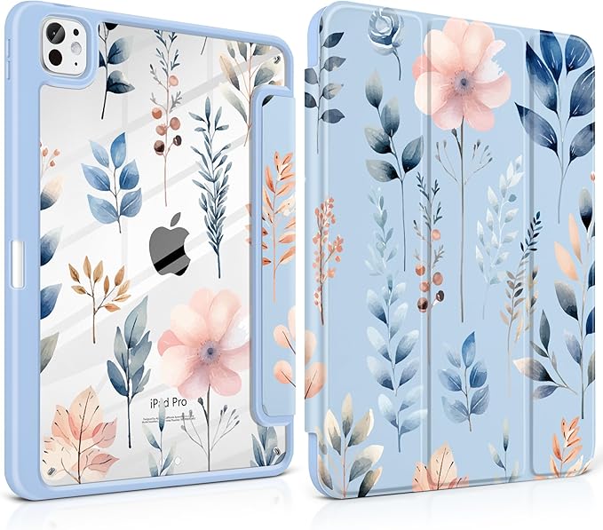 Case for iPad Pro 13 inch (M5) 2025 (M4) 2024 Release Slim Lightweight Cute Light Blue Cover with Clear Back TPU Edge Pencil Holder Trifold Stand Hand-Drawn Leaves