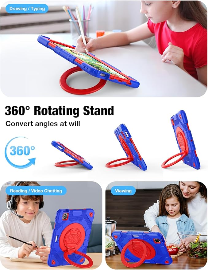 SCSVPN Kids Case for iPad Air 5th/4th Generation 10.9-inch 2022/2020 &amp iPad Pro 11'' 4th/3rd/2nd/1st Gen 2022 2021 2020 2018 Protection Case with Pen Holder Stand Handle Shoulder Strap Red Blu